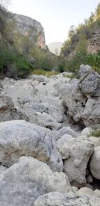 The dry river bed of the Barranco de la Encantada is rocky and white