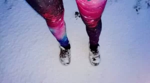 Funky leggings worn over thermal leggings in winter